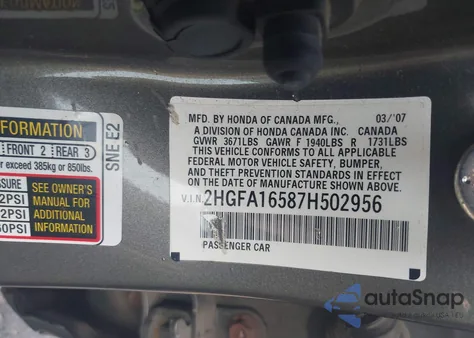 2007 Honda Civic Lx из США, поврежденный, VIN 2HGFA16587H502956